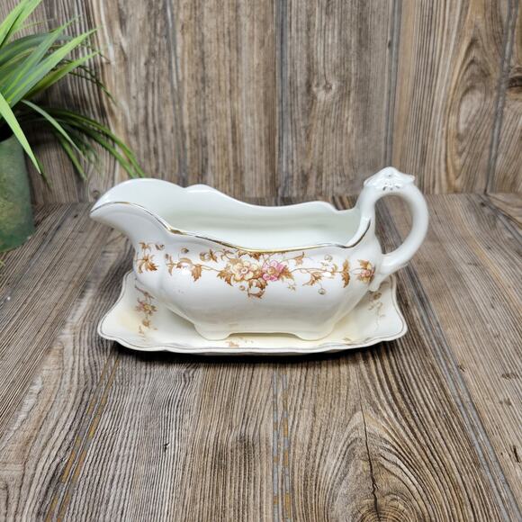 Antique Henry Alcock Gravy Boat Under Plate, Brown Transferware, Semi-Porcelain - Picture 1 of 5